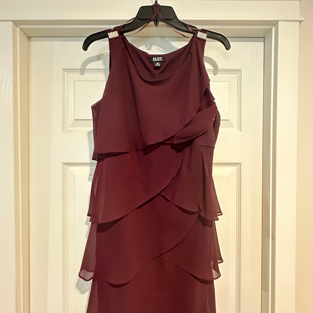 SLNY Burgundy Sleeveless Tiered Chiffon Midi Dress with Embellished Shoulders